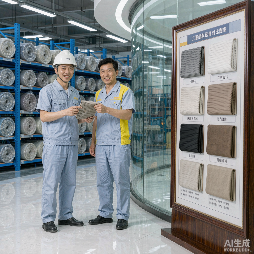 工服面料工业选型实拍——工服厂家选型环节实拍——两位工业工人与面料样品合影。工服面料选型直接影响穿着体感与岗位适配，是工作服定制的核心决策。