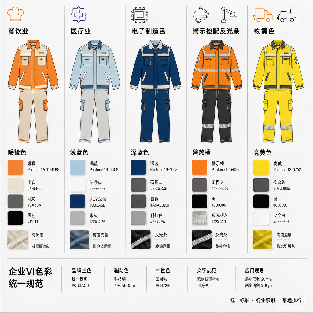 工服色彩搭配方案五大行业——工服色彩搭配方案展示：餐饮业暖橙、医疗业浅蓝、电子制造业深蓝、建筑业警示橙配反光条、物流业亮黄五色对比，企业VI色彩统一规范——工作服定制中色彩搭配的标准参考。